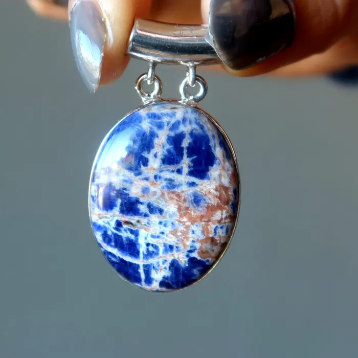 Satin Crystals Necklaces Sodalite Pendant Pink Sunset Blue Sea Oval Sterling Silver