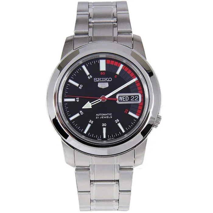 SEIKO Bracelets Seiko Mens Automatic Watch 5 Sports Black and Red Silver Tone Bracelet SNKK31K1