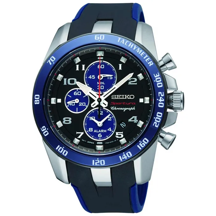 Seiko Rings Seiko SNAE91P1 Mens Sportura Black Dial Two Tone Urethane Strap Chronograph Alarm Watch