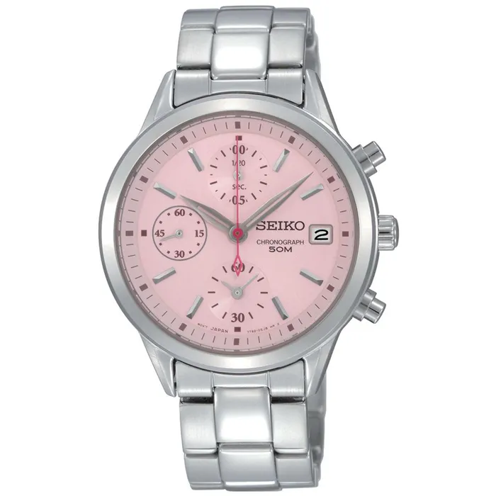 Seiko Seiko SNDY37P1 Womens Pink Dial Stainless Steel Bracelet Chronograph Watch Bracelets