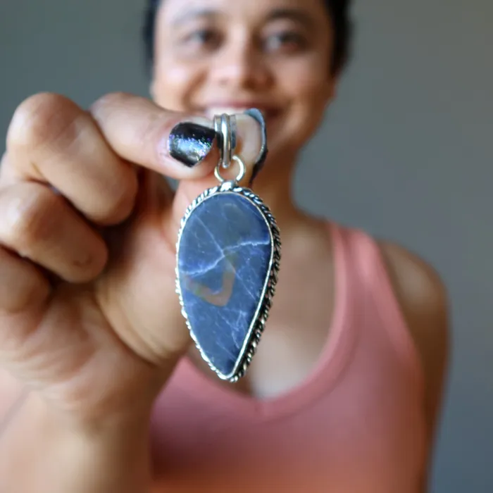 Sodalite Pendant Angel Wing Spiritual Blue Stone Silver Satin Crystals Necklaces