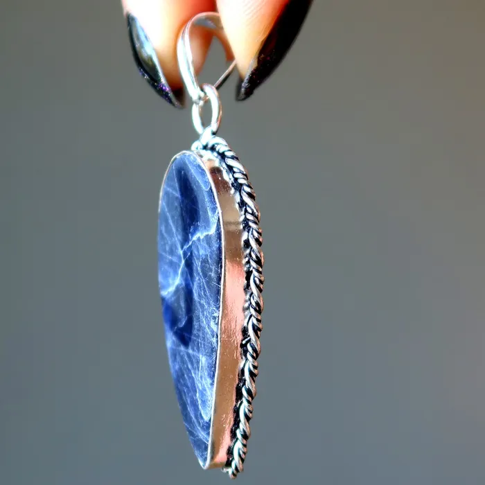Sodalite Pendant Angel Wing Spiritual Blue Stone Silver Satin Crystals Necklaces