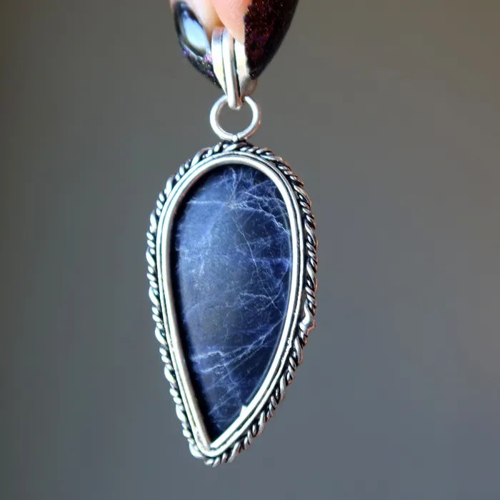 Sodalite Pendant Angel Wing Spiritual Blue Stone Silver Satin Crystals Necklaces