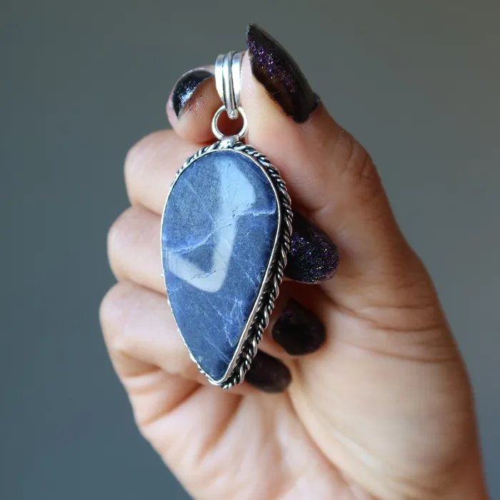 Sodalite Pendant Angel Wing Spiritual Blue Stone Silver Satin Crystals Necklaces