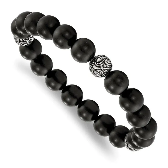 Stainless Steel Antiqued and Polished wBlk Agate Beads Stretch Bracelet Chisel Bracelets