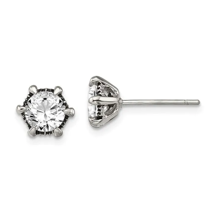 Stainless Steel Antiqued CZ Post Earrings Chisel Earrings