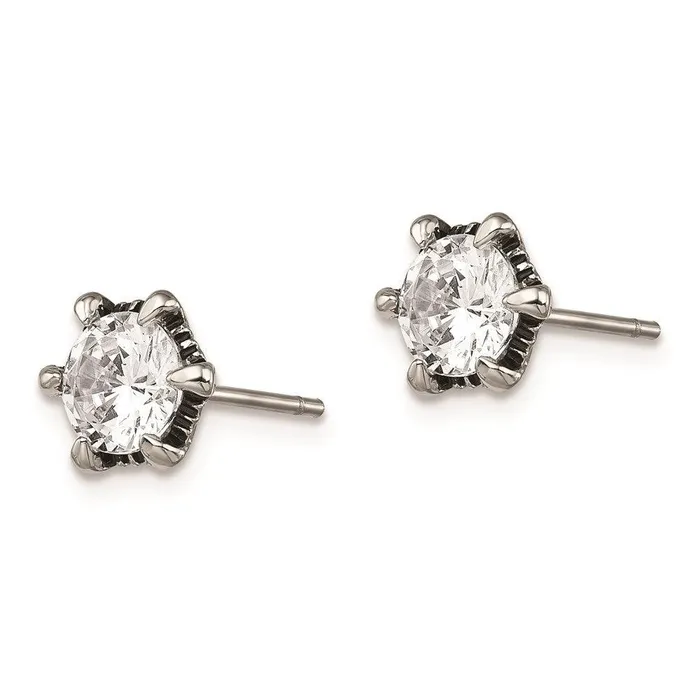 Stainless Steel Antiqued CZ Post Earrings Chisel Earrings