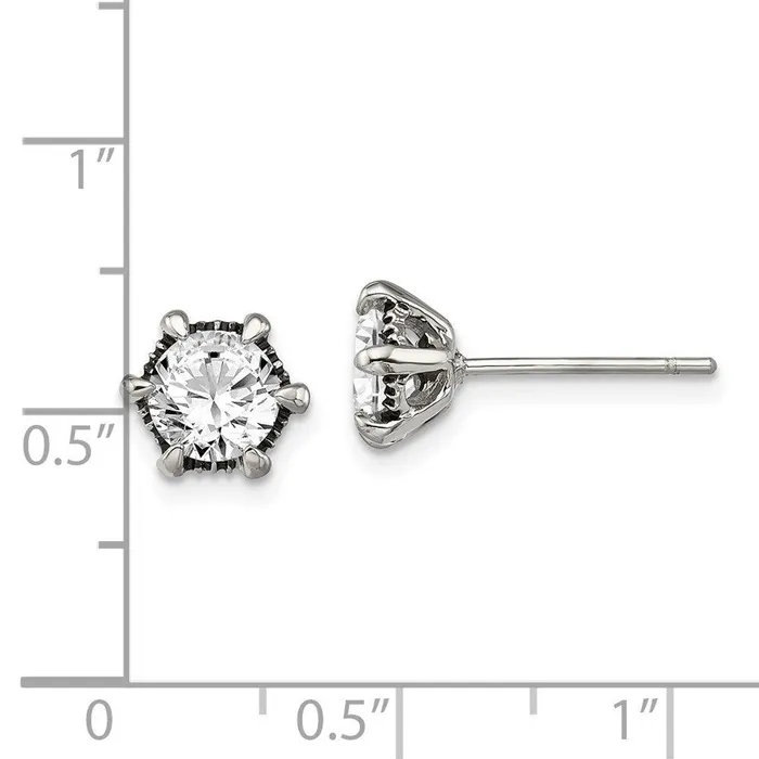 Stainless Steel Antiqued CZ Post Earrings Chisel Earrings