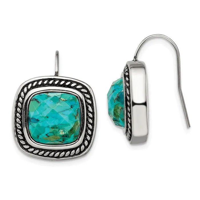 Stainless Steel Antiqued Imitation Turquoise Shepherd Hook Earrings Chisel Earrings