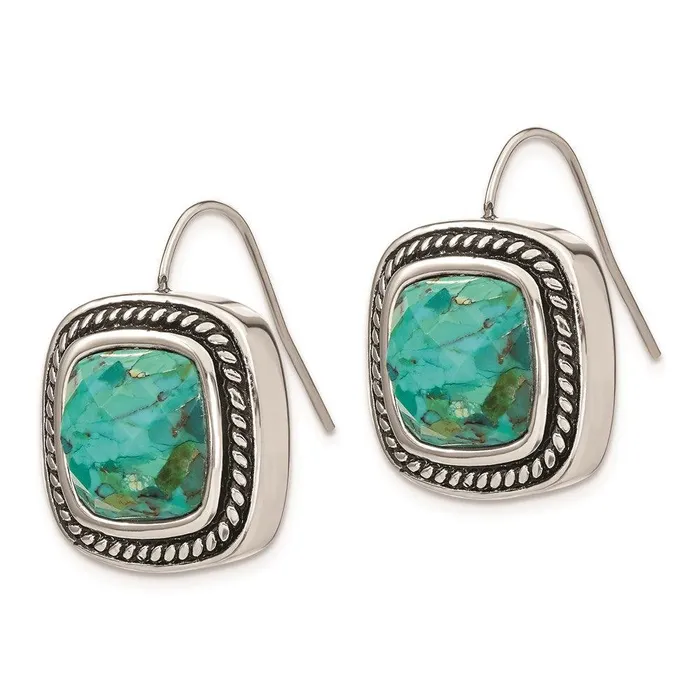 Stainless Steel Antiqued Imitation Turquoise Shepherd Hook Earrings Chisel Earrings