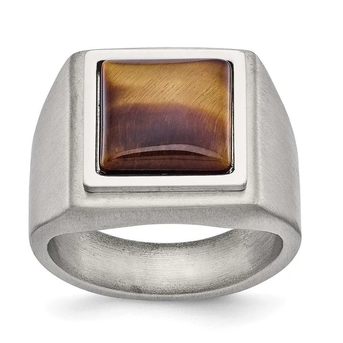 Stainless Steel Brushed and Polished Tigers Eye Signet Ring Chisel Rings