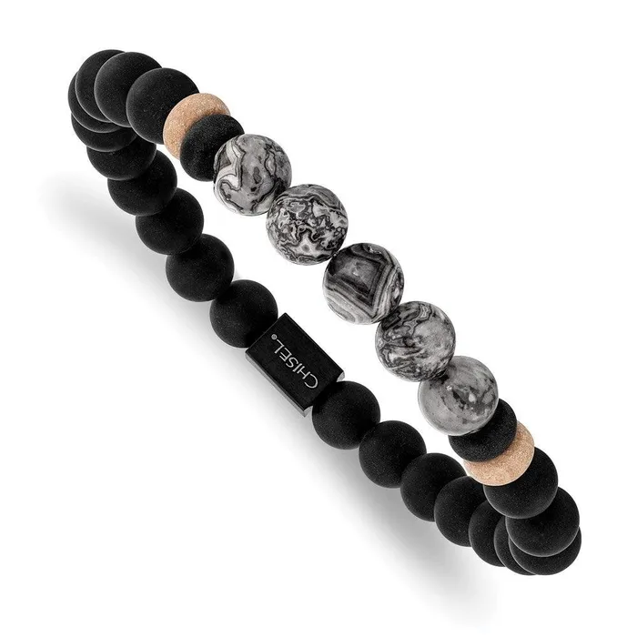 Stainless Steel Brushed Black IP Black AgateGrey Jasper Stretch Bracelet Chisel Bracelets