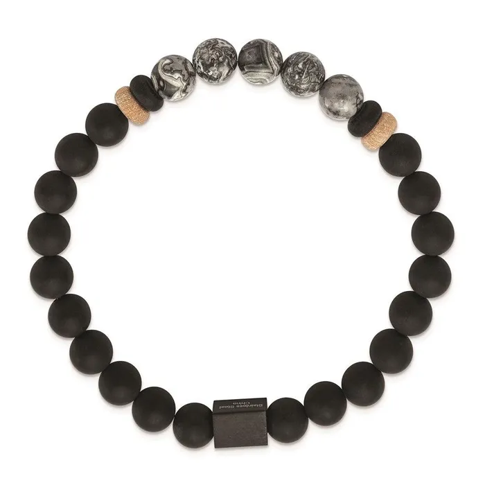 Stainless Steel Brushed Black IP Black AgateGrey Jasper Stretch Bracelet Chisel Bracelets