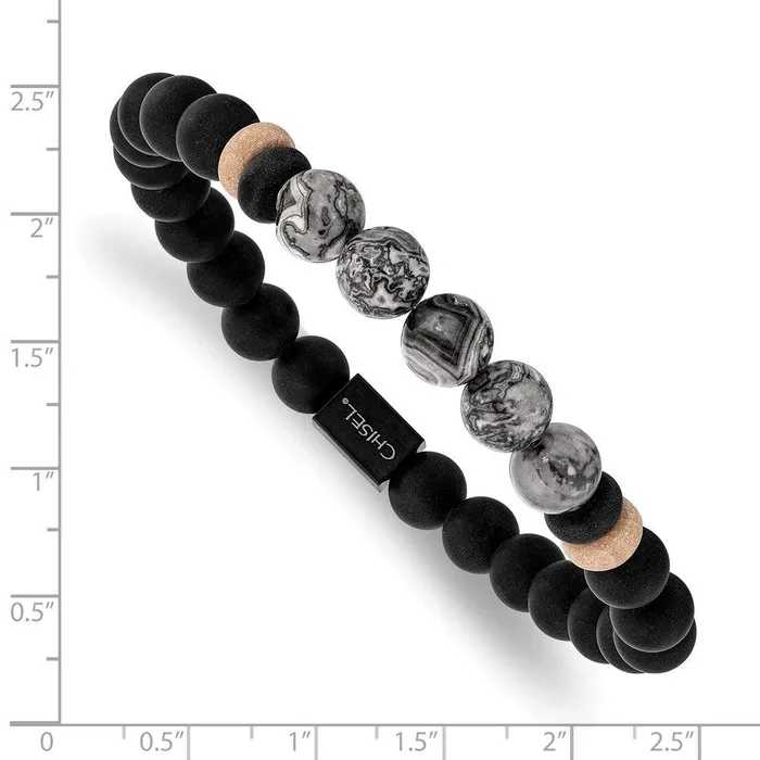 Stainless Steel Brushed Black IP Black AgateGrey Jasper Stretch Bracelet Chisel Bracelets