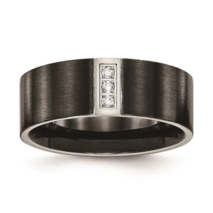 Stainless Steel Brushed Black IP Flat Three CZ Ring Chisel Rings
