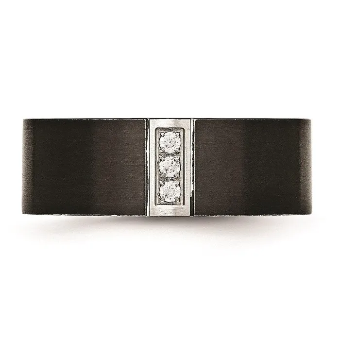 Stainless Steel Brushed Black IP Flat Three CZ Ring Chisel Rings