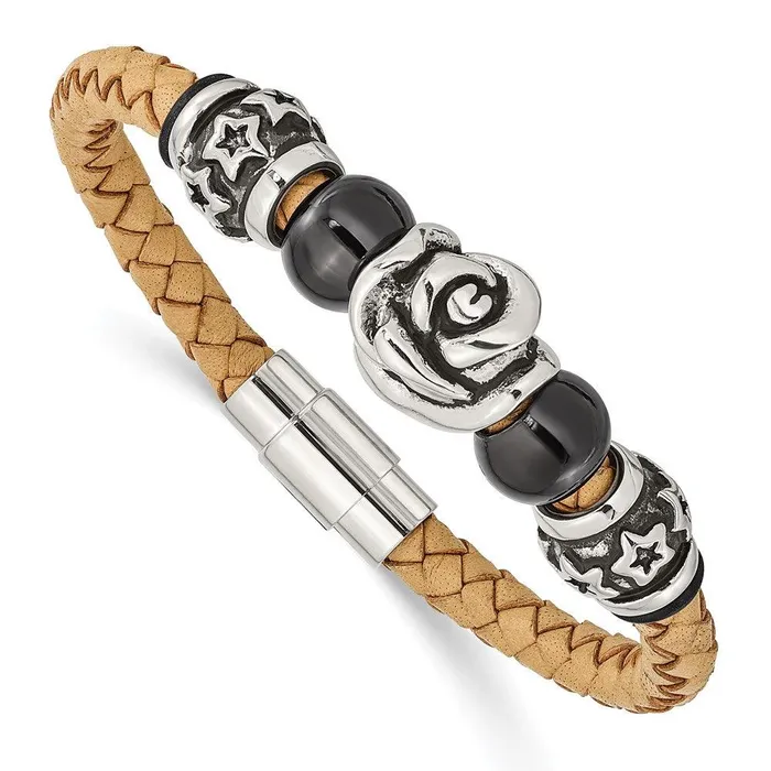 Stainless Steel Light Tan Leather wBeads 75in Bracelet Chisel Bracelets