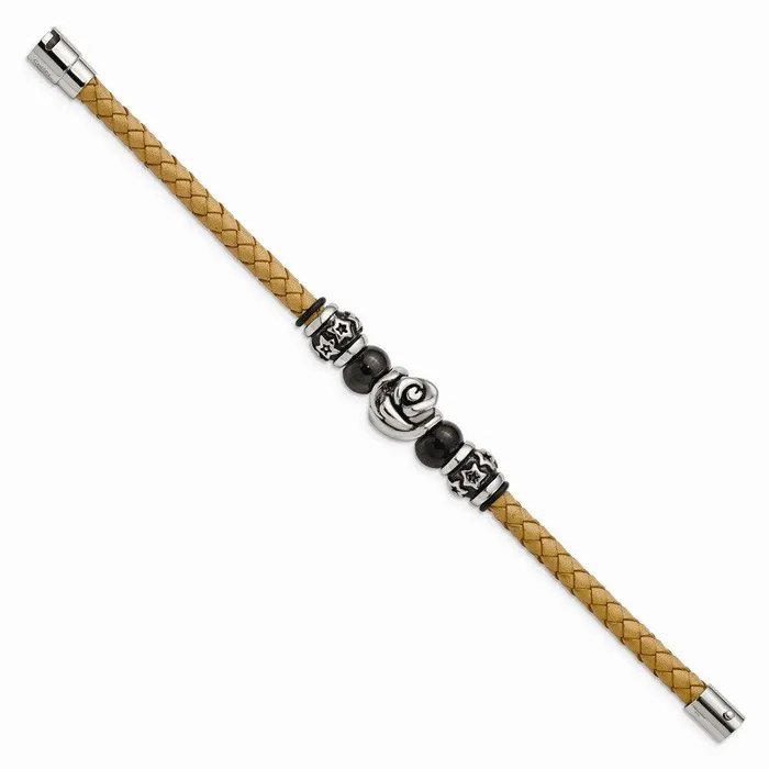 Stainless Steel Light Tan Leather wBeads 75in Bracelet Chisel Bracelets