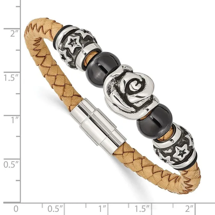 Stainless Steel Light Tan Leather wBeads 75in Bracelet Chisel Bracelets