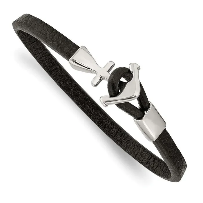 Stainless Steel Polished Anchor Black Leather 8in Bracelet Chisel Bracelets