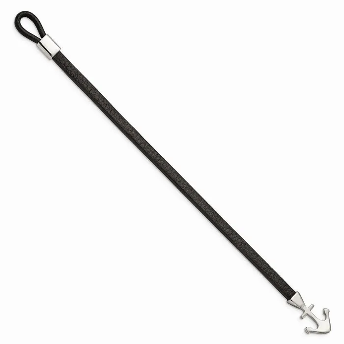 Stainless Steel Polished Anchor Black Leather 8in Bracelet Chisel Bracelets