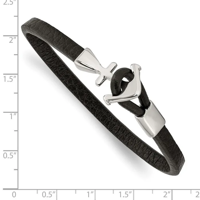 Stainless Steel Polished Anchor Black Leather 8in Bracelet Chisel Bracelets