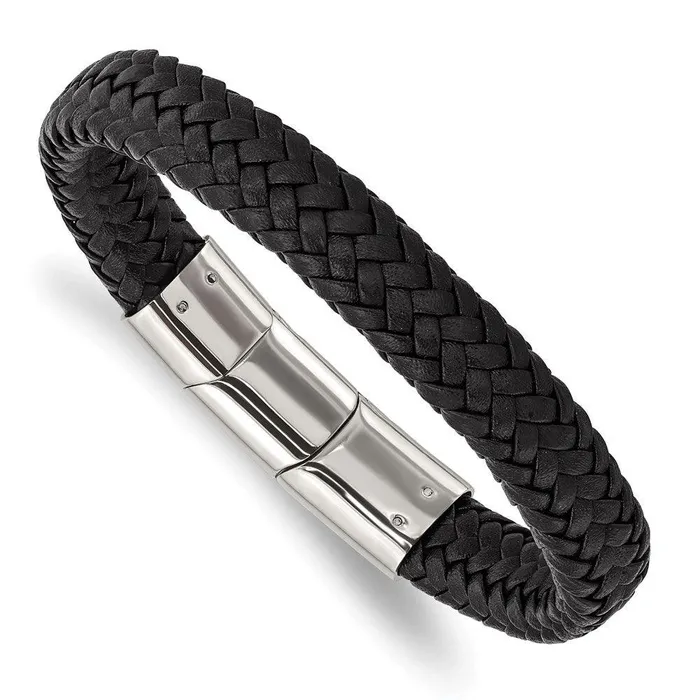 Stainless Steel Polished Black Woven Leather w5in ext 8in Bracelet Chisel Bracelets