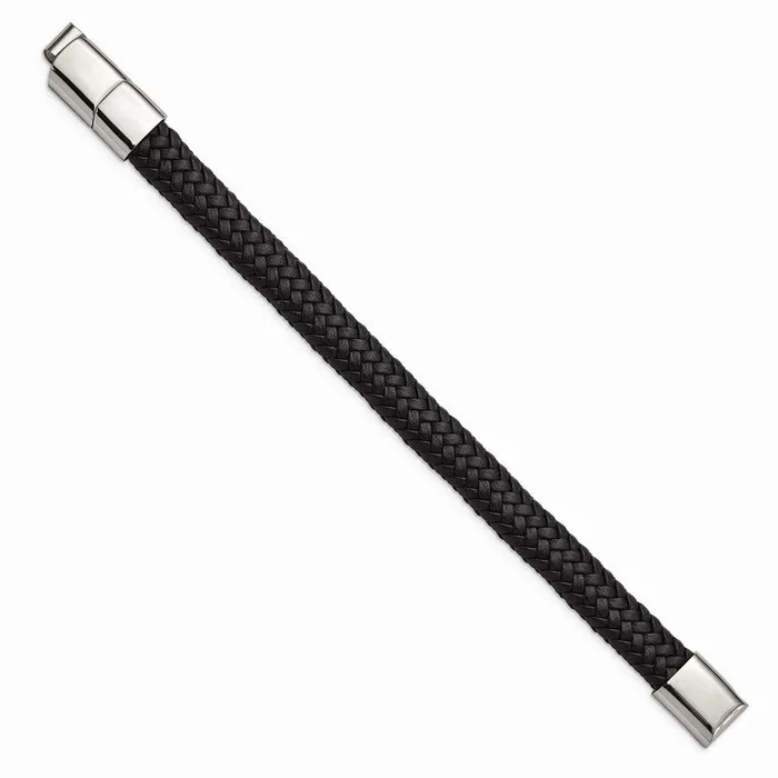 Stainless Steel Polished Black Woven Leather w5in ext 8in Bracelet Chisel Bracelets