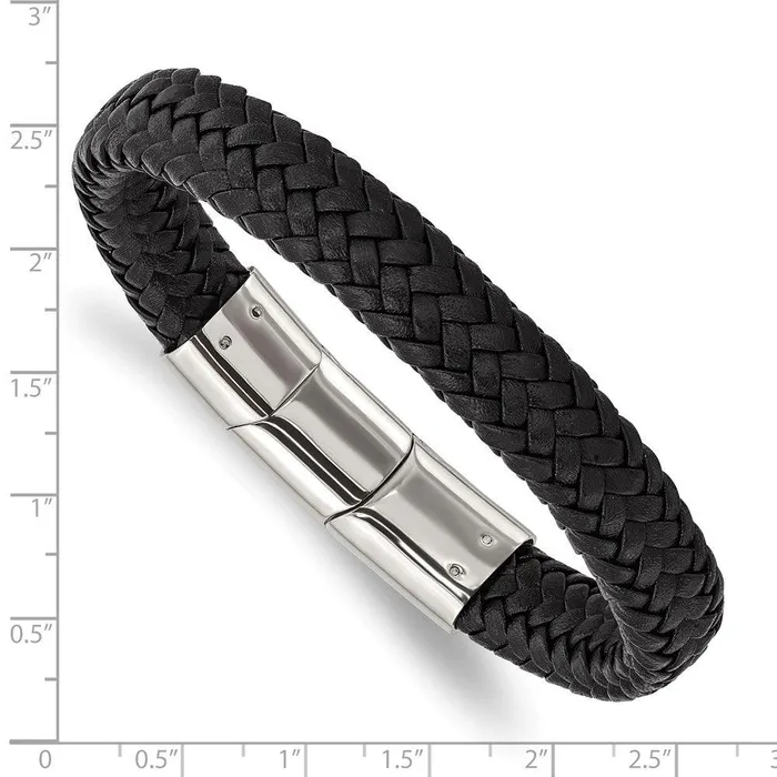 Stainless Steel Polished Black Woven Leather w5in ext 8in Bracelet Chisel Bracelets