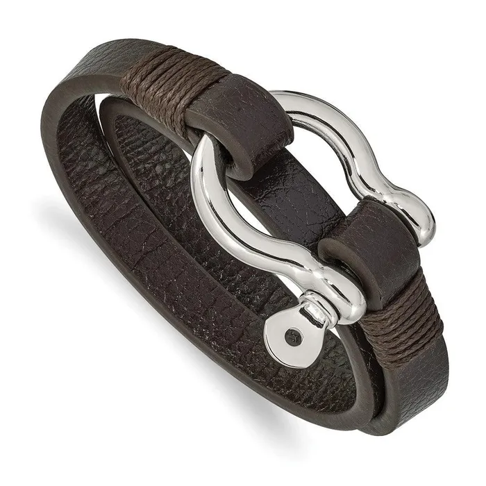 Stainless Steel Polished Brown Leather 16in Wrap Shackle Bracelet Chisel Bracelets