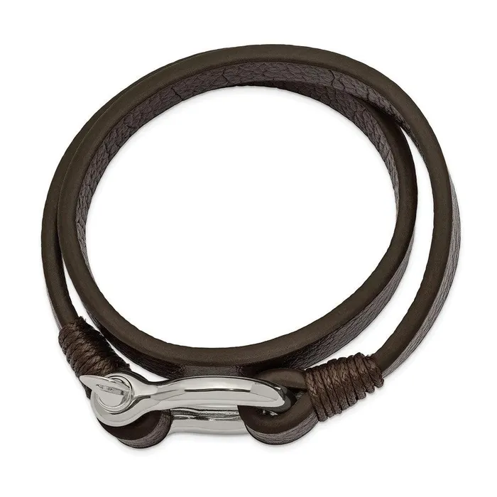 Stainless Steel Polished Brown Leather 16in Wrap Shackle Bracelet Chisel Bracelets