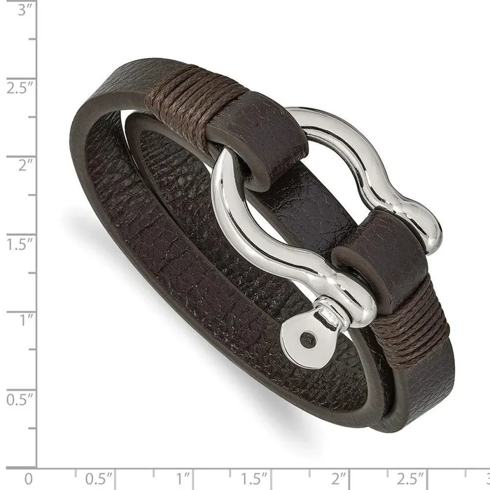 Stainless Steel Polished Brown Leather 16in Wrap Shackle Bracelet Chisel Bracelets