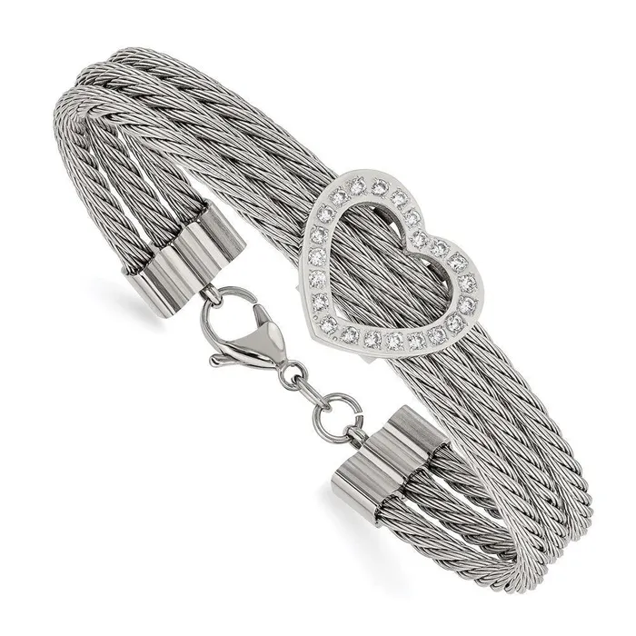 Stainless Steel Polished Heart w CZ Bracelet Chisel Bracelets