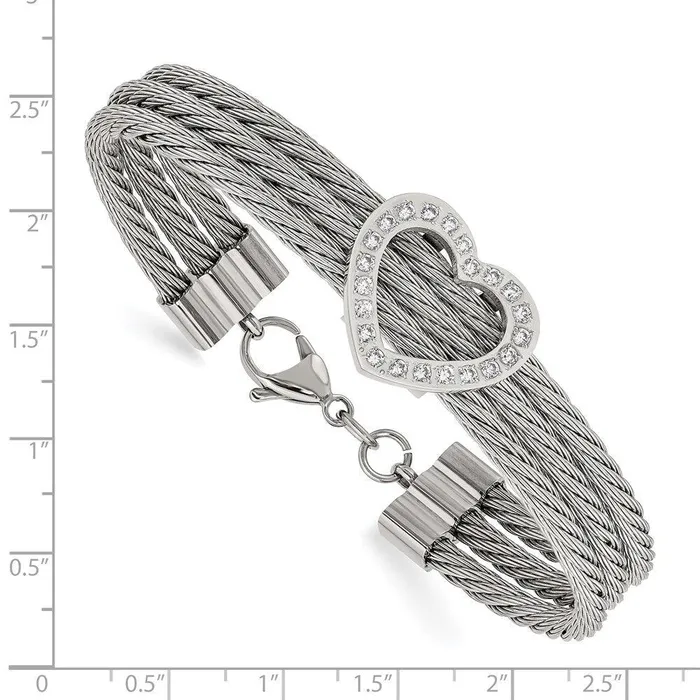 Stainless Steel Polished Heart w CZ Bracelet Chisel Bracelets