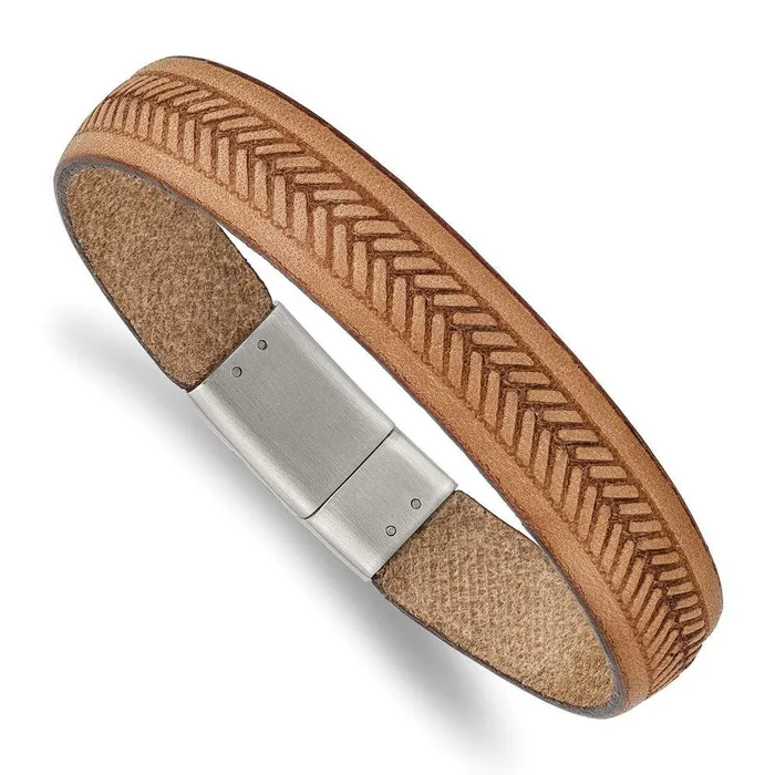 Stainless Steel Polished Tan Italian Leather 875in Bracelet Chisel Bracelets