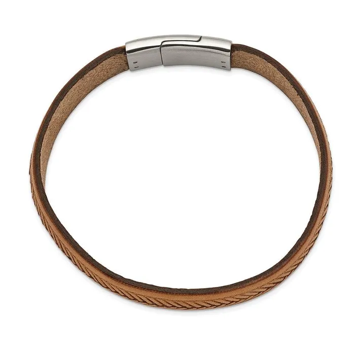 Stainless Steel Polished Tan Italian Leather 875in Bracelet Chisel Bracelets