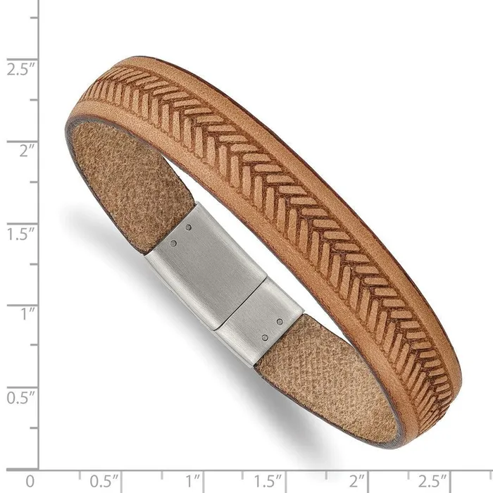 Stainless Steel Polished Tan Italian Leather 875in Bracelet Chisel Bracelets
