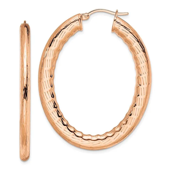 Stainless Steel Rose IPplated Textured Hollow Oval Hoop Earrings Chisel Earrings