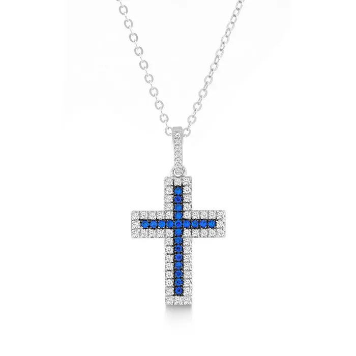 Sterling Silver Blue CZ Micro Pave Cross Pendant Classic Necklaces