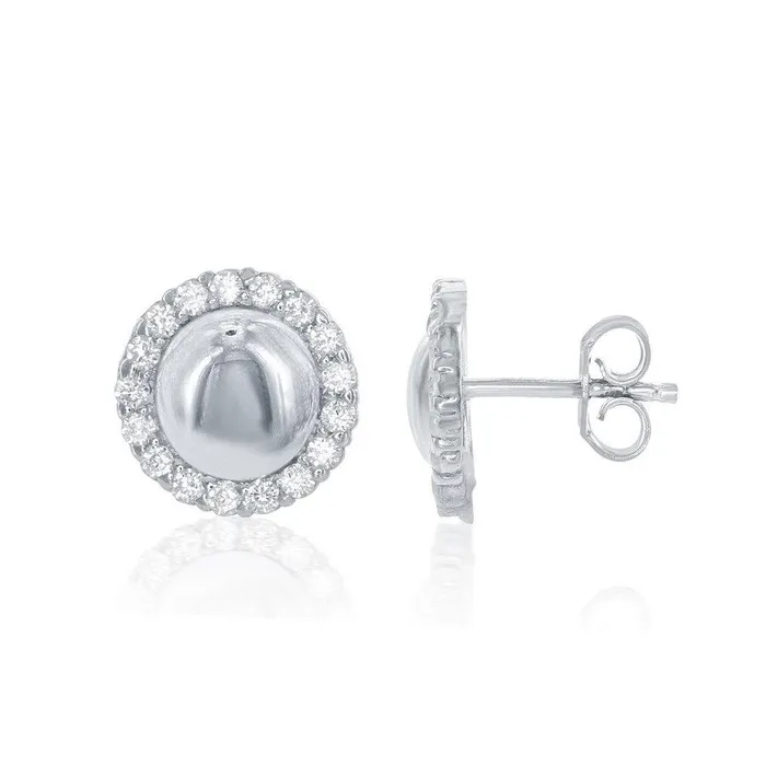 Sterling Silver CZ Border Round Stud Earrings Classic Earrings