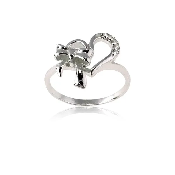 Sterling Silver Heart With CZ and Bow Ring W8989 Classic Rings