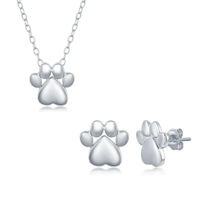 Sterling Silver High Polish Paw Print Necklace and Earrings Set Classic Earrings