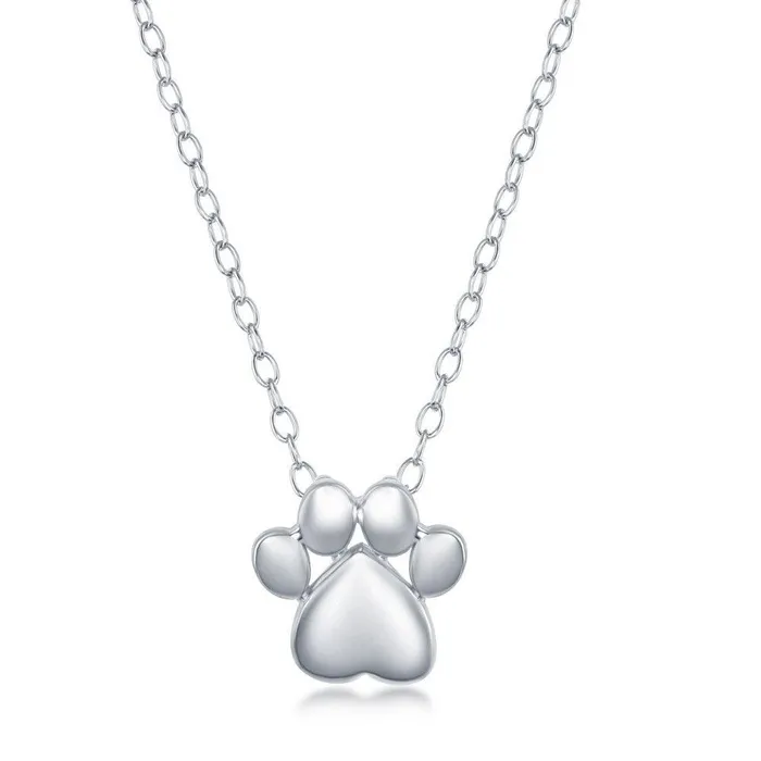 Sterling Silver High Polish Paw Print Necklace and Earrings Set Classic Earrings