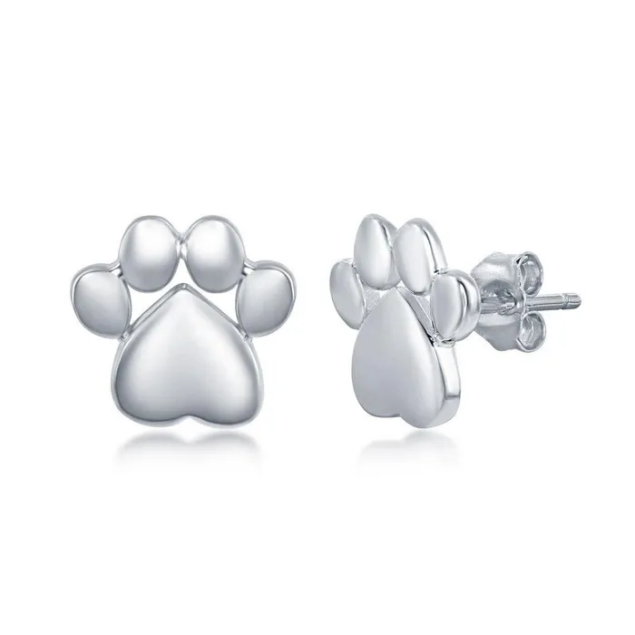 Sterling Silver High Polish Paw Print Necklace and Earrings Set Classic Earrings