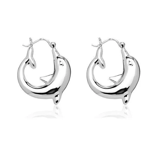 Sterling Silver Large Dolphin Circle Hoop Earrings Classic Earrings
