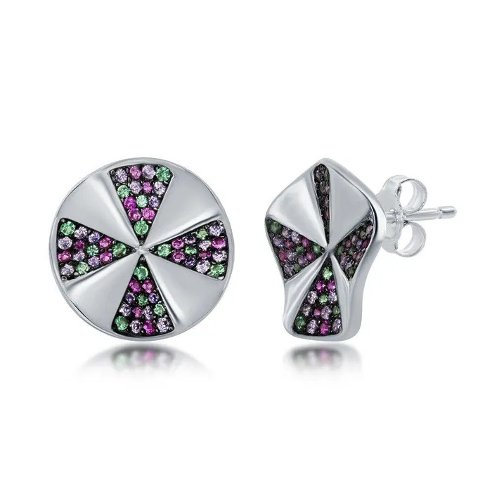 Sterling Silver Rainbow CZ Designed Stud Earrings Classic Earrings