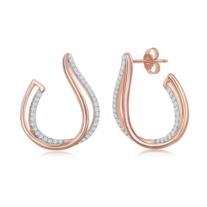 Sterling Silver Rose GP Micro Pave Double JDesign Earrings Classic Earrings