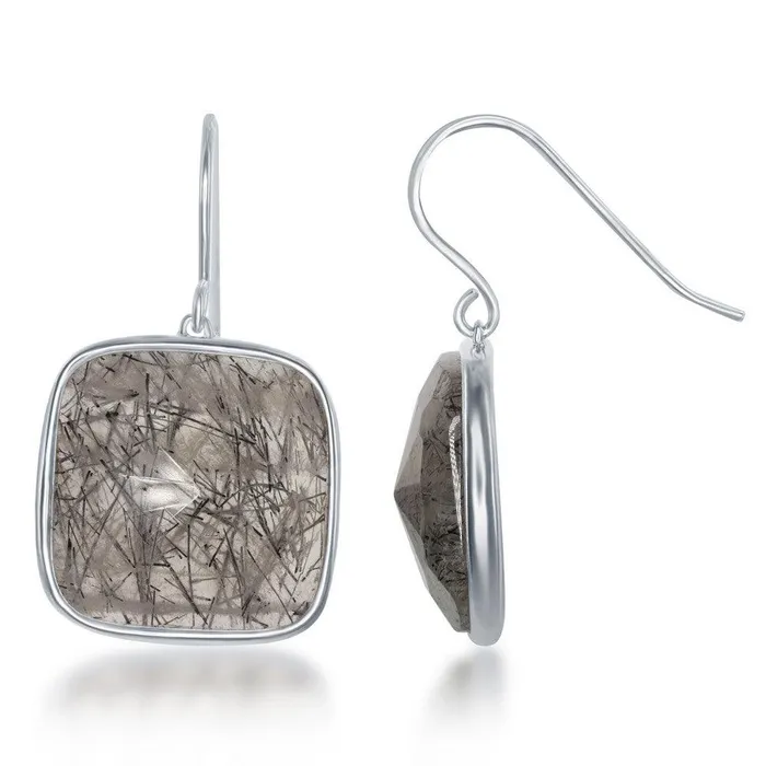 Sterling Silver Square Black Rutilated Quartz Earrings Classic Earrings