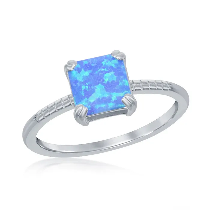 Sterling Silver Square Blue Opal Beaded Band Ring W2527 Classic Rings