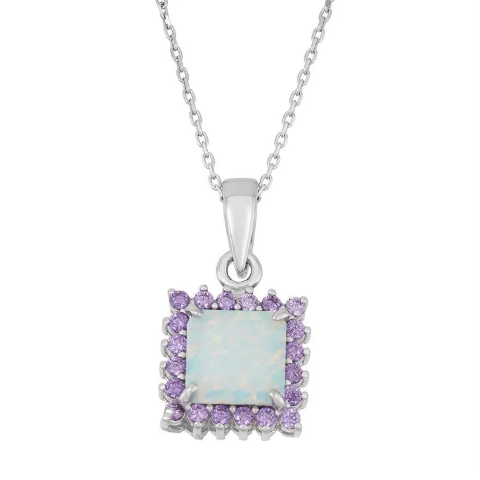 Sterling Silver White Inlay Amethyst Square Pendant Classic Necklaces